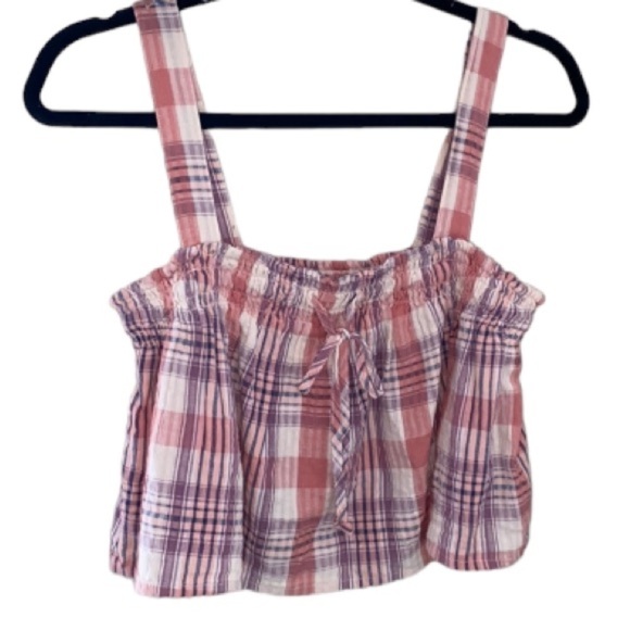 American Eagle crop top plaid small tank shirt smocked stretch‎ soft preppy NEW - Picture 1 of 6